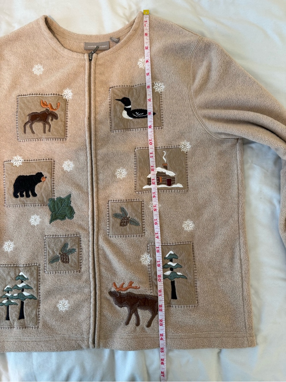 croft & barrow Womens Large Tan Zip-Front Fleece Jacket Embroidered Mountain VTG - Picture 13 of 15